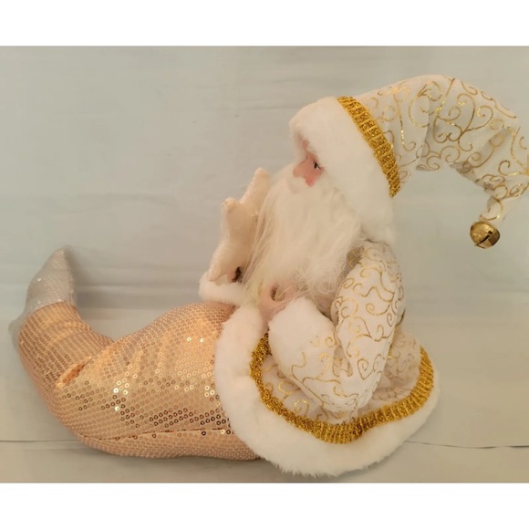 Coastal Nautical Mermaid Santa Shelf Sitter Christmas Holiday Gold Merman Lux - Picture 8 of 10